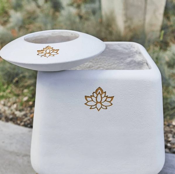 White clay planters with golden lotus ornament, handcrafted by Sparkle Stone