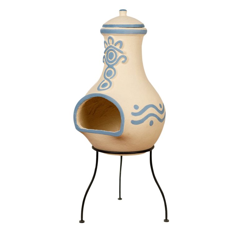 Outdoor clay chiminea by Sparkle Stone, light blue, with protective lid